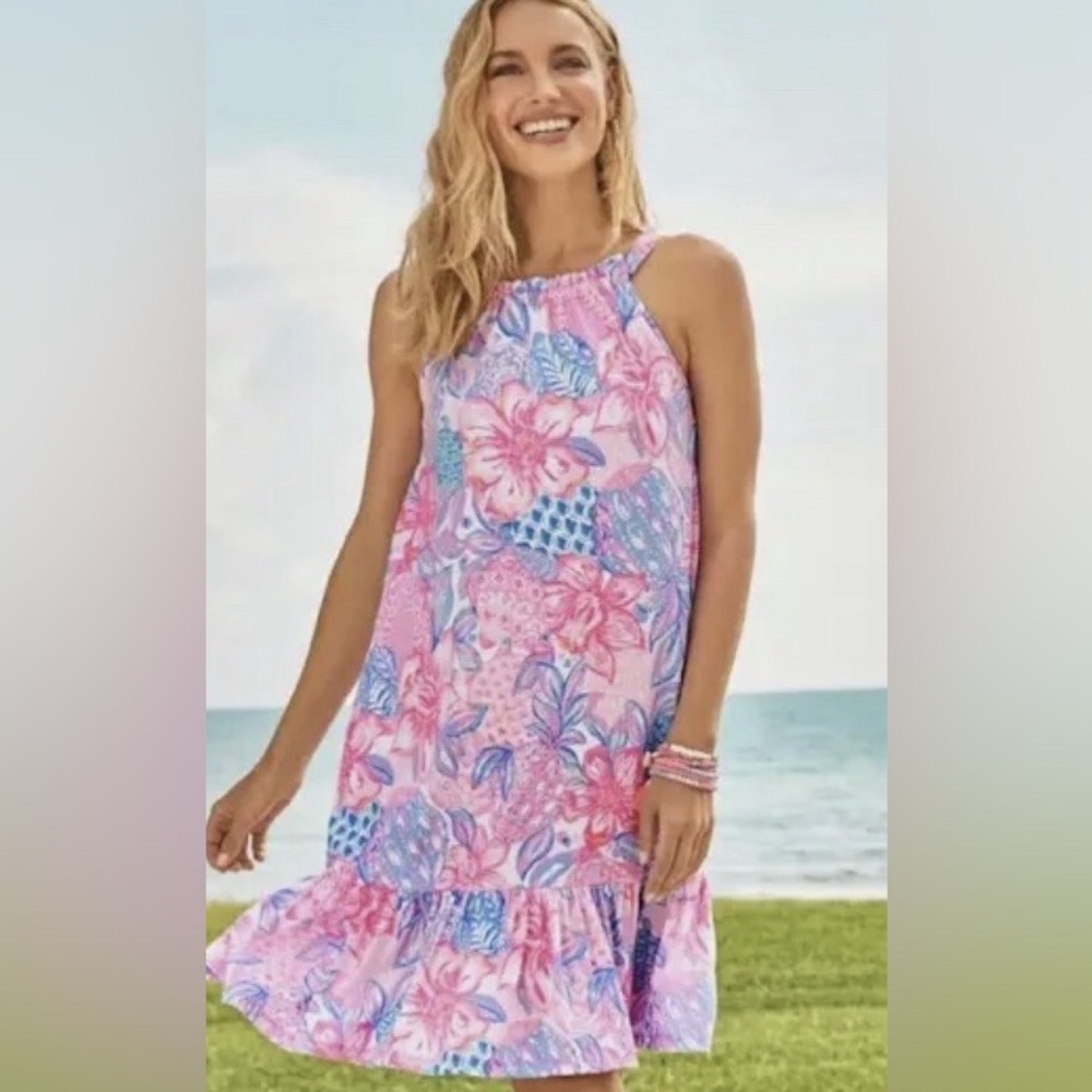 Lilly Pulitzer Saira Dress Snappy Floral Size Medium Pink & Blue